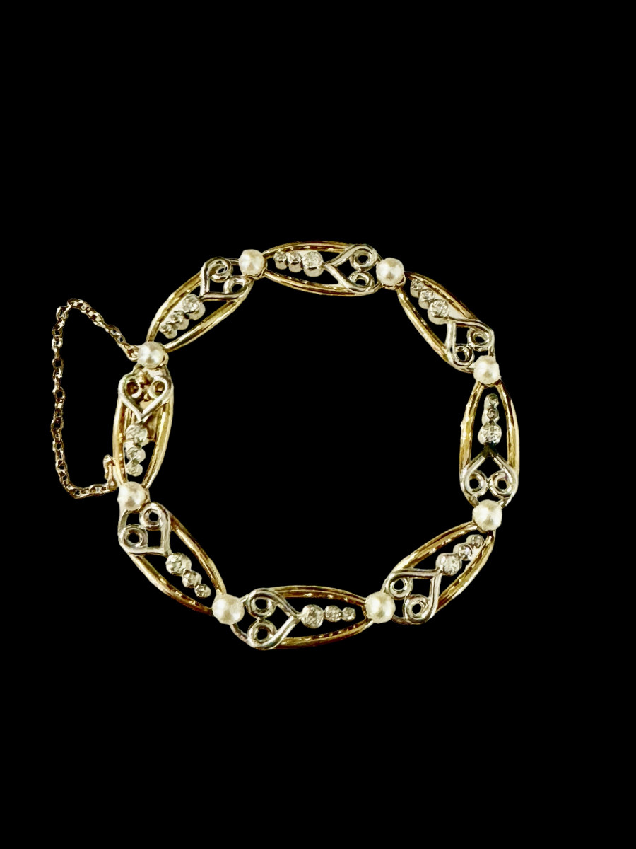 Bracelet Or, Platine, Diamants Et Perles Fines