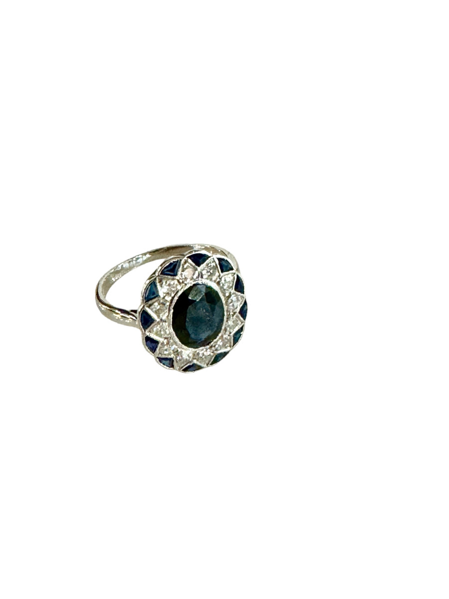 Bague Art Deco En Or, Platine, Saphir Et Diamants