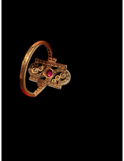Bague belle époque en or, platine, rubis et diamants