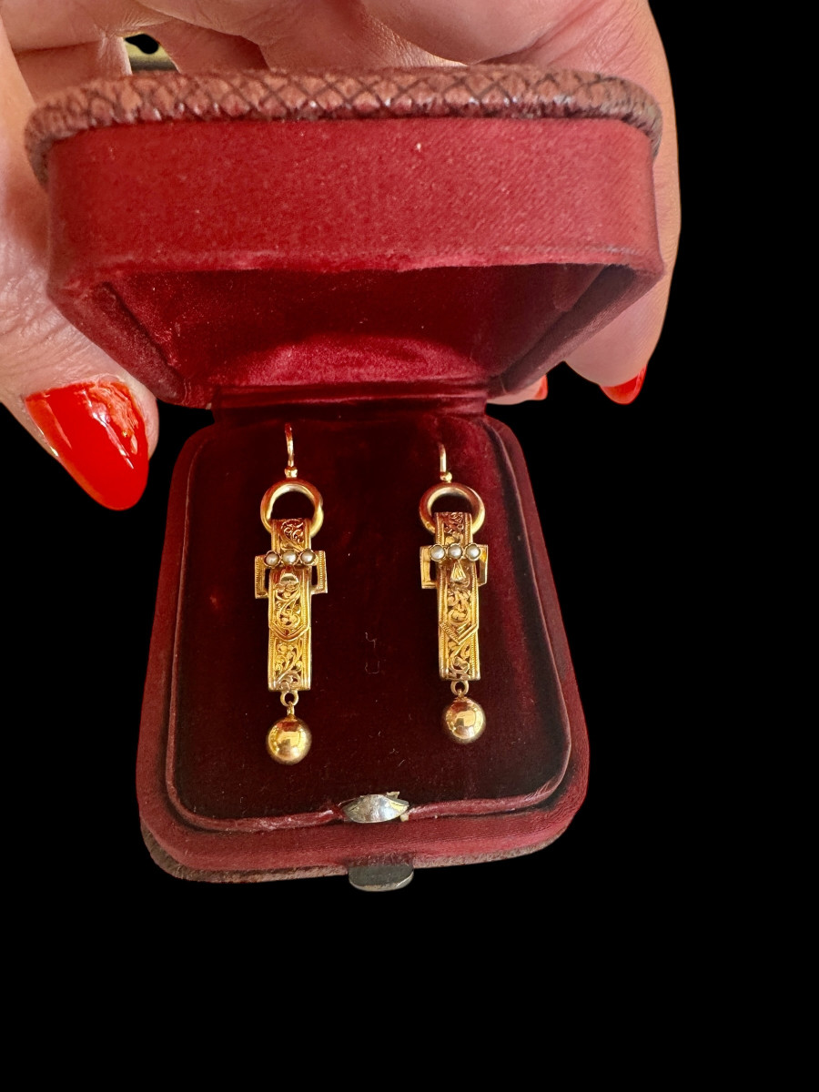 Pendants d'Oreilles En Or Et Perles d'époque Napoléon III Pendants d'Oreilles En Or Et Perles d'époque Napoléon III