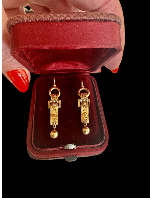 Pendants d'Oreilles En Or Et Perles d'époque Napoléon III