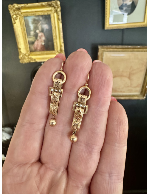Pendants d'Oreilles En Or Et Perles d'époque Napoléon III