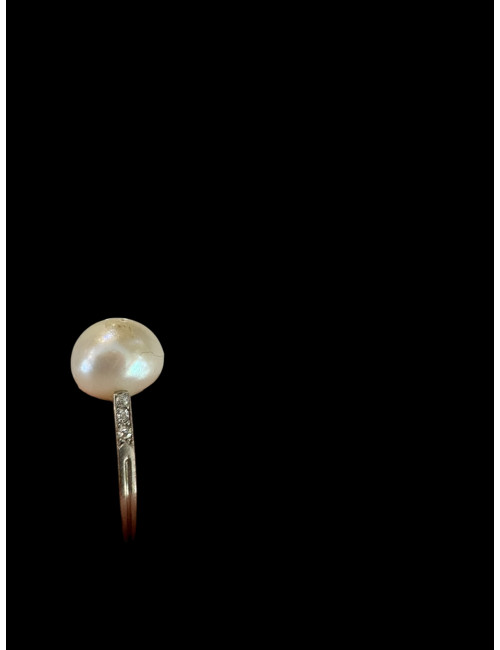 Bague Or Gris, Diamants Et Perle Fine d'Eau Douce.