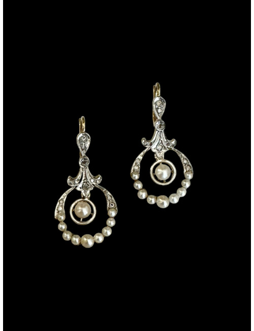Paire De Pendants d'Oreilles En Or, Platine, Diamants Et Perles Fines