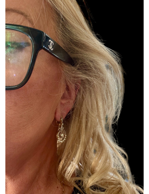 Paire De Pendants d'Oreilles En Or, Platine, Diamants Et Perles Fines