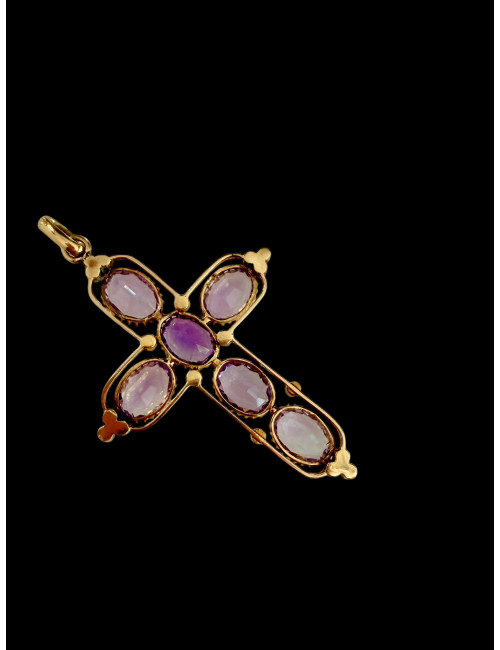 Pendentif croix en or et améthystes