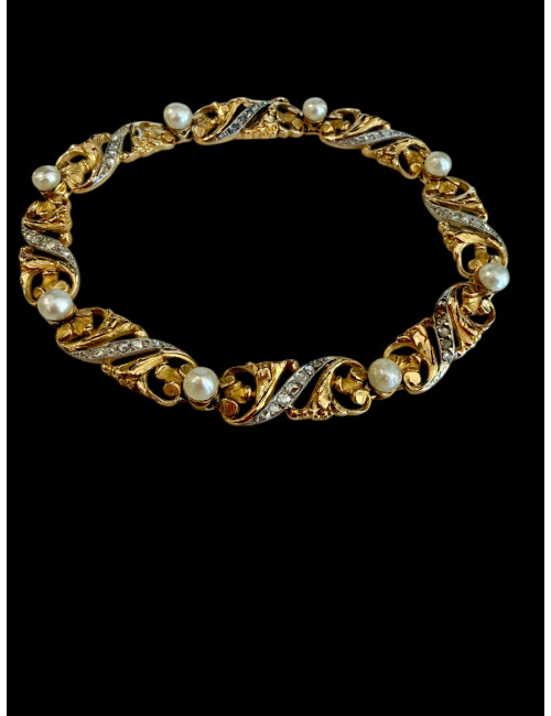 Bracelet Art-Nouveau en or, diamants et perles fines