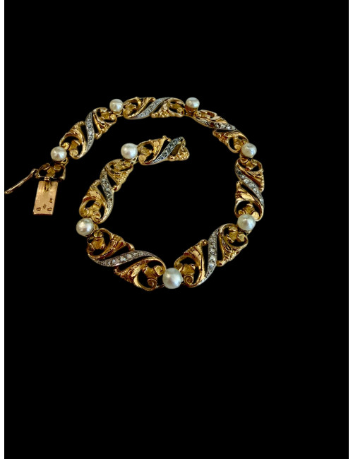 Bracelet Art-Nouveau en or, diamants et perles fines